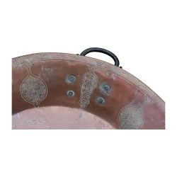 copper serving dish with 4 black iron handles, with …
