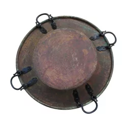 copper serving dish with 4 black iron handles, with …