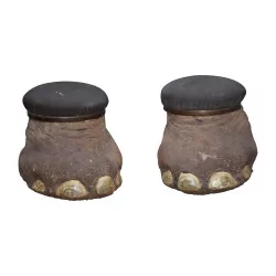 Pair of elephant feet transformed into a pouf with chest, trophy...