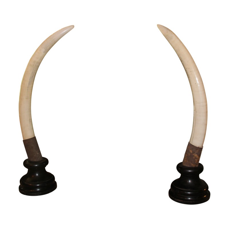 Paire de défenses d’éléphant sur socle en bois laqué noir, - Moinat - Accessoires de décoration Paire de défenses d’éléphant sur socle en bois laqué noir, - Moinat - Accessoires de décoration