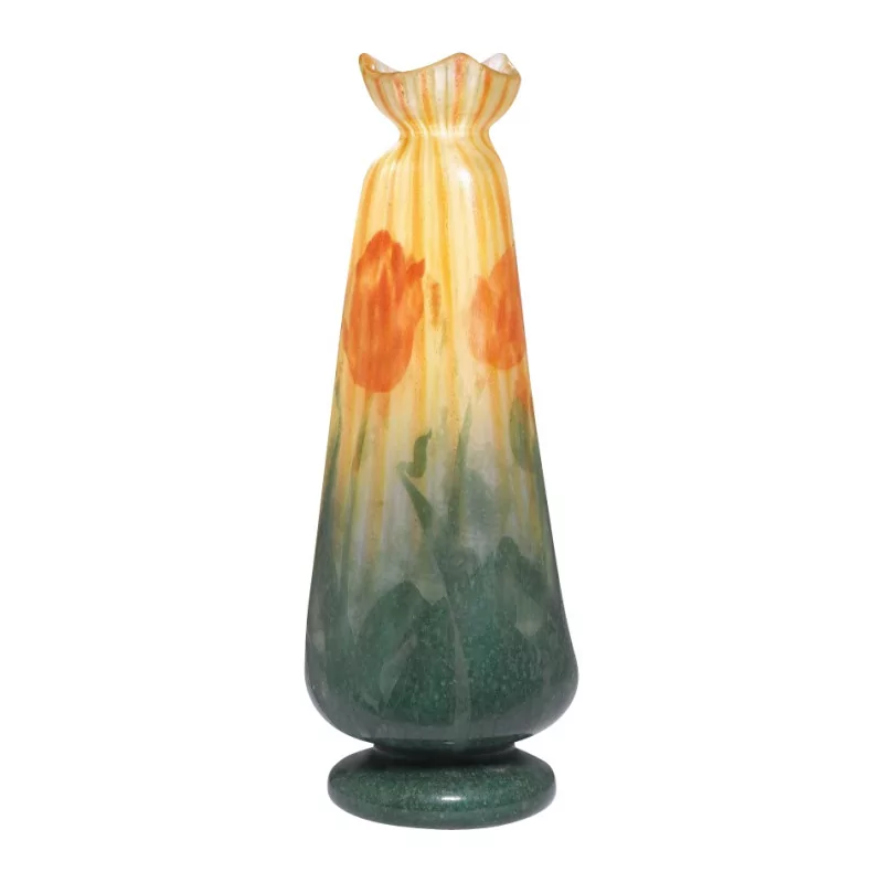 Vase en verre à rayures jaunes et oranges recouvert de vert et - Moinat - ShadeFlair