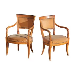 Pair of 2 Directoire armchairs in walnut wood with seat