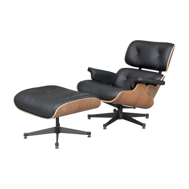 Armchair & ottoman in Italian black leather and walnut wood, … - Moinat - Armchairs