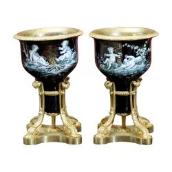 Pair of Napoleon III vases, with central body in enamelled metal …