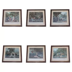 Série de 6 tableaux sous verre, “scène champêtre”. 20ème …