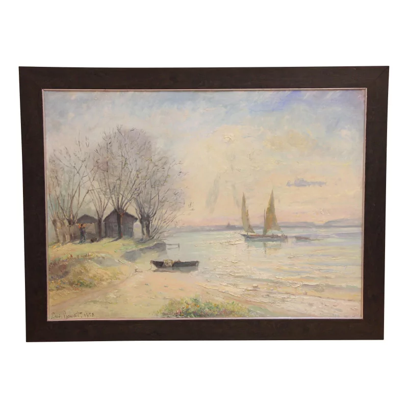 Oil painting on canvas “Boat on the lake” towards La Belotte in … - Moinat - VE2022/1