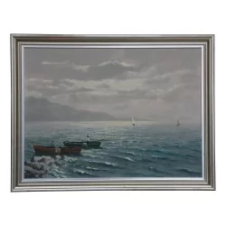 布面油画《日内瓦湖上的三桅帆船》署名于右下方