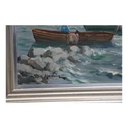 布面油画《日内瓦湖上的三桅帆船》署名于右下方