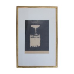Gravure sous verre avec cadre en bois doré, signé en bas à