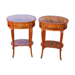 Pair of inlaid wooden pedestal tables with 1 drawer and …