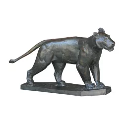 Bronze “Lioness on the lookout” chocolate patina, lost wax, signed …