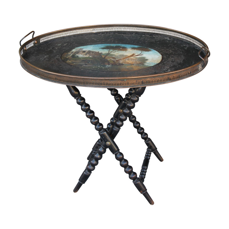1 Table à plateau avec pied en X, plateau en métal peint style …