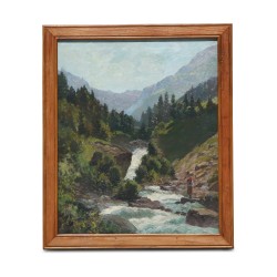 幅布面油画《山与瀑布》，署名于右下角