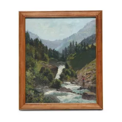 Картина маслом на холсте «Гора и водопад» подпись внизу…
