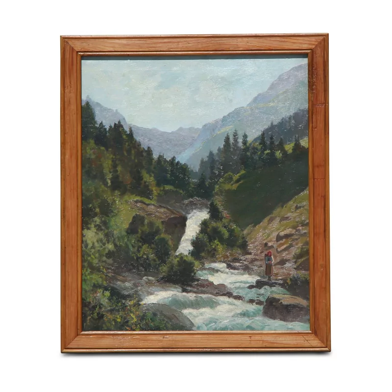 Tableau huile sur toile “Montagne et cascade” signé en bas à … - Moinat - VE2022/1