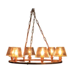 6-light brass chandelier with glass shade.