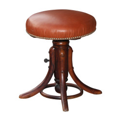 Tabouret de piano vintage en cuir de chêne à hauteur réglable 1910