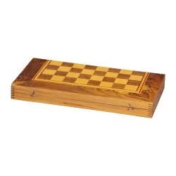 wooden box with chess and backgammon games with pieces