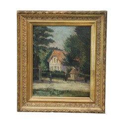 Ölgemälde auf Karton „Landhaus“, unten rechts signiert