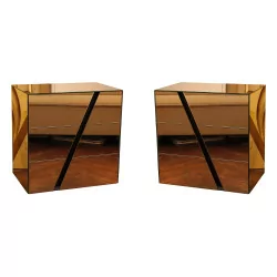 Pair of dressers - bedside tables, with 3 drawers, covered with mirror, …