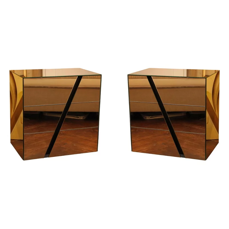 Paar Kommoden - Nachttische, mit 3 Schubladen, verkleidet mit Spiegel, … - Moinat - byMoinat