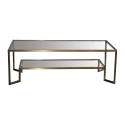 Low coffee table in patinated brass with clear glass