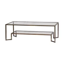 Low coffee table in patinated brass with clear glass