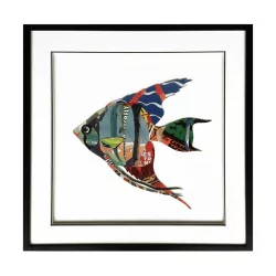 Fish painting with relief under glass in paper and wooden frame …