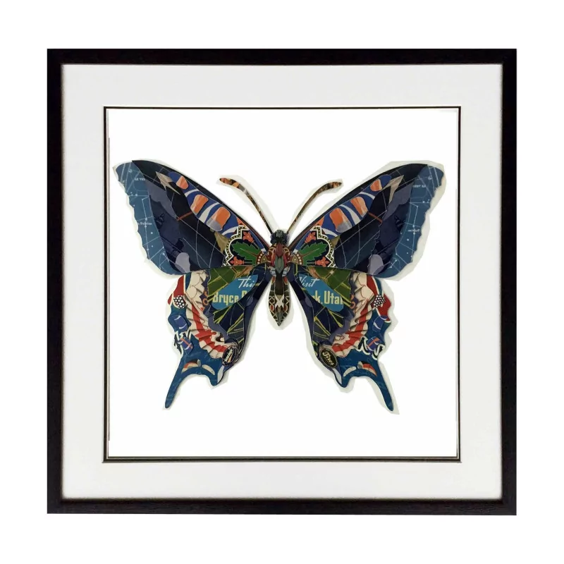 Schmetterlingsbild mit Relief unter Glas in Papier und Rahmen in … - Moinat - Gemälden - Verschieden