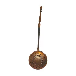 copper bed warmer with wooden handle. 20th century