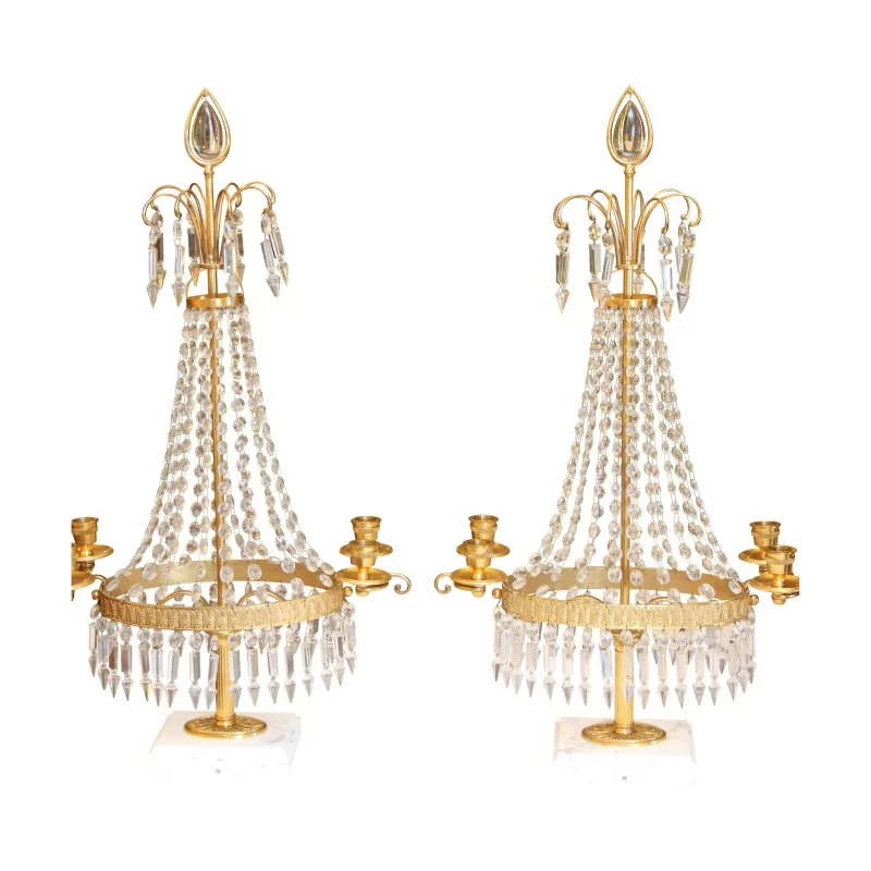 Pair of candelabra with crystals and gilt and chiseled bronze, on … - Moinat - Candleholders, Candlesticks