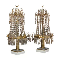 Pair of Restoration girandoles in bronze and crystals with …