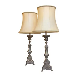 Pair of silver metal torchieres, transformed into lamps …