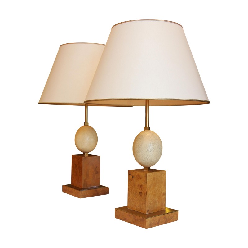 Paire de lampes "Oeufs d’autruche" en bois, avec - Moinat - Lampes de table Paire de lampes "Oeufs d’autruche" en bois, avec - Moinat - Lampes de table