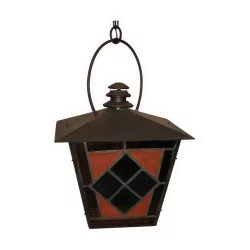 wrought iron lantern, with colored stained glass. 20th century