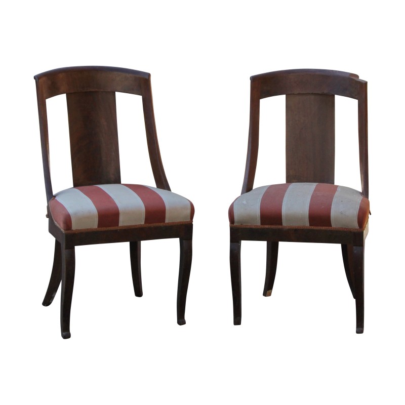 2 Chaises Gondole en bois d acajou recouvertes de tissu rayé - Moinat - Chaises 2 Chaises Gondole en bois d acajou recouvertes de tissu rayé - Moinat - Chaises