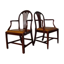 Pair of English armchairs “Gerbes” in mahogany with squares in …