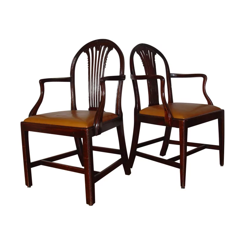 Paar englische Sessel „Gerbes“ in Mahagoni mit Quadraten in … - Moinat - Armlehnstühle, Sesseln
