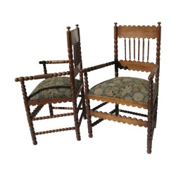 A pair of period armchairs with ball balusters in walnut covered with tapestry.