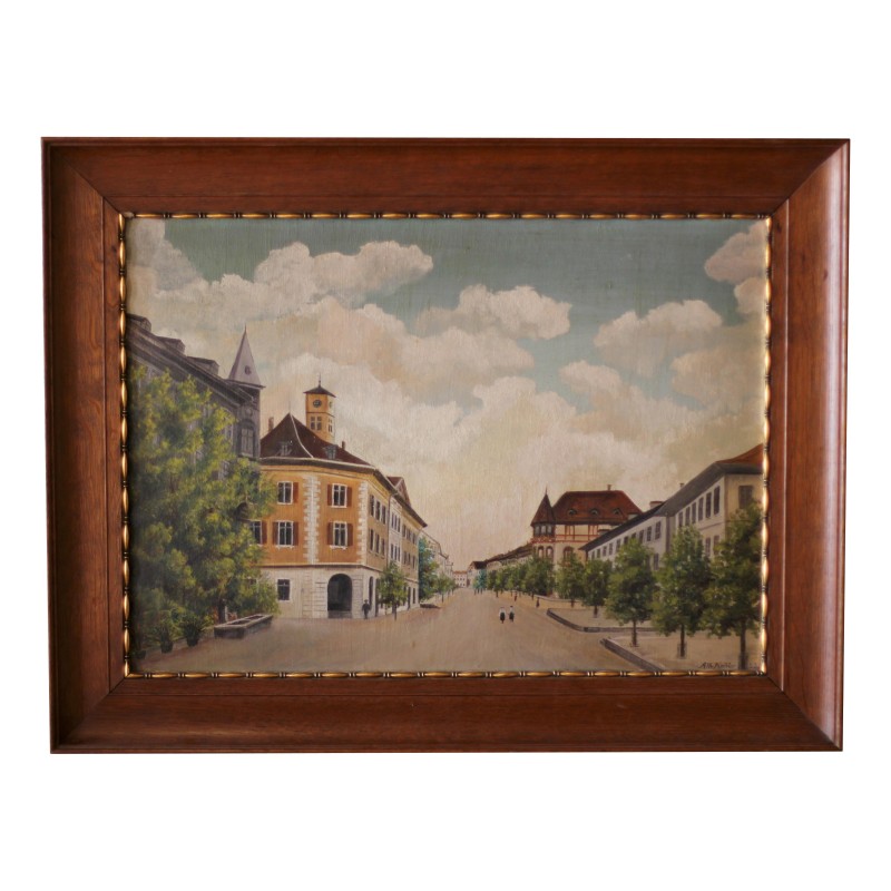 Tableau huile sur toile avec vue en perspective sur une ville, … - Moinat - Tableaux - Paysage Tableau huile sur toile avec vue en perspective sur une ville, … - Moinat - Tableaux - Paysage