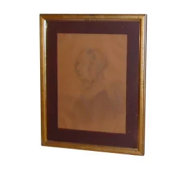 Dessin au crayon Portrait Mme Eynard, sous verre. 19ème siècle