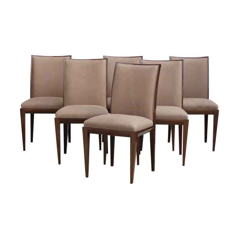 Ensemble de 6 chaises en merisier recouvert façon cuir veau - Moinat - Chaises