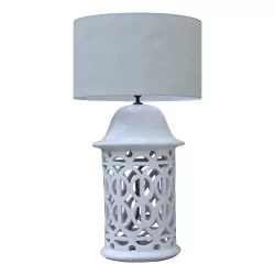 Large enamelled lamp painted white with lampshade …