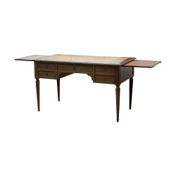 Bureau plat de style Louis XVI en bois avec écritoire en cuir