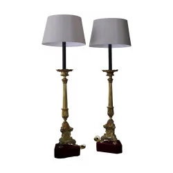 Pair of gilded bronze floor lamps, electrified in our …