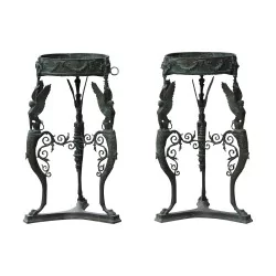 Paire de jardinières tripode en bronze vert de gris de Pompéi,