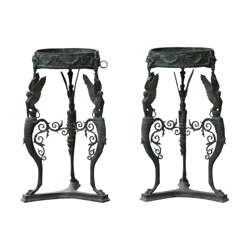 Paire de jardinières tripode en bronze vert de gris de Pompéi, - Moinat - Caches pot, Jardinières intérieures