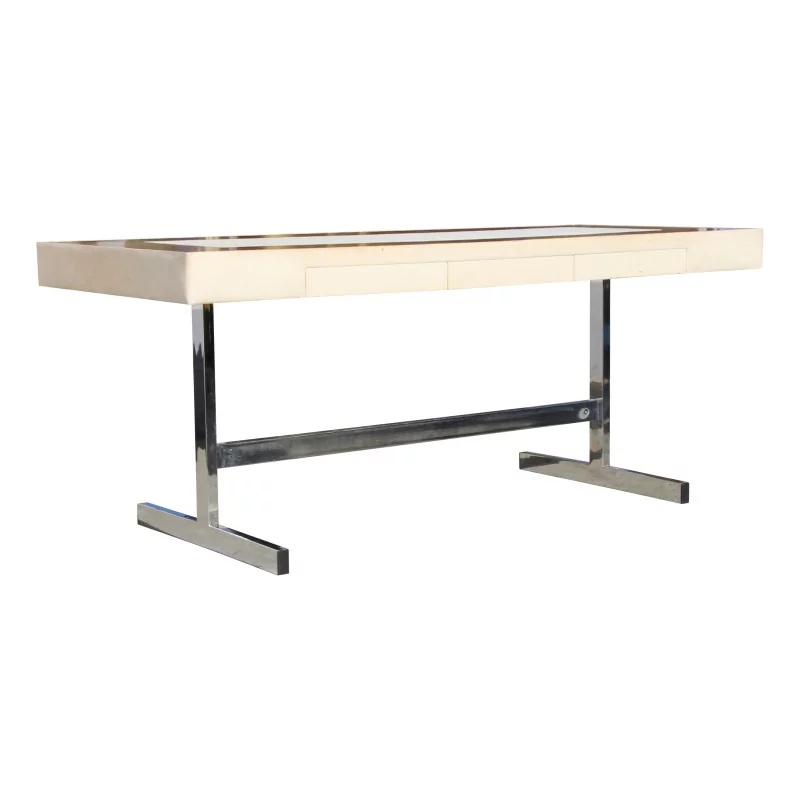 Flacher Schreibtisch im modernen Stil aus Walnussholz und Alcantara-Leder … - Moinat - Schreibtische