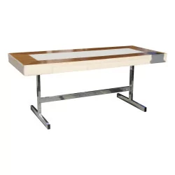 Flacher Schreibtisch im modernen Stil aus Walnussholz und Alcantara-Leder …