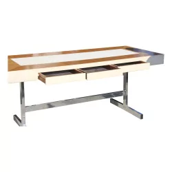 Modern style flat desk in walnut wood and alcantara leather …